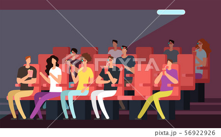 People watching movie in cinema hall interior. Cartoon family in theater vector concept 56922926
