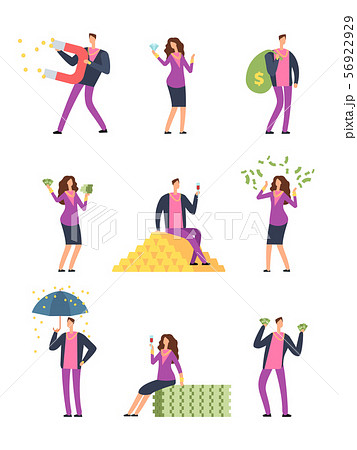 Rich luxury people spending money. Happy wealthy man, millionaire vector cartoon characters set 56922929