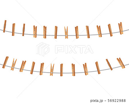 Wooden clips, clothespin on clothesline holding rope isolated. Laundry and housework vector concept 56922988