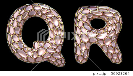 Realistic 3D letters set Q, R made of gold shining metal letters. 56923264