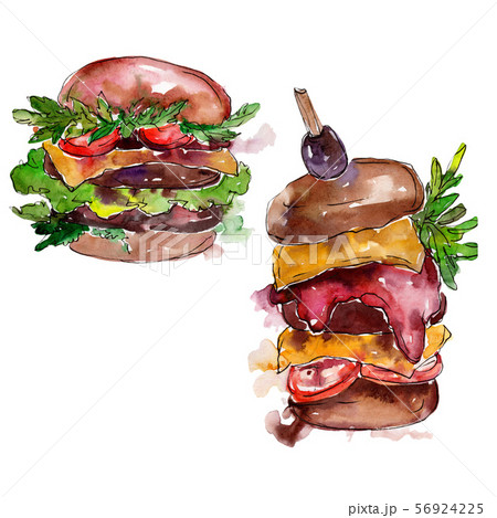 Hamburger fast food isolated. Watercolor background illustration set. Isolated snack illustration Hamburger fast food isolated. Watercolor background illustration set. Isolated snack illustration 56924225