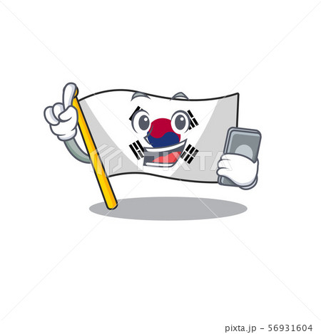 With phone korean flag cartoon fluttering on pole 56931604