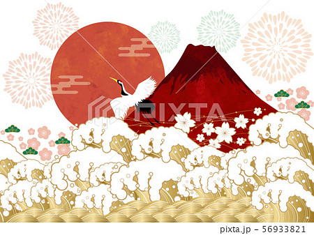 初日の出と赤富士と海：年賀状素材 56933821