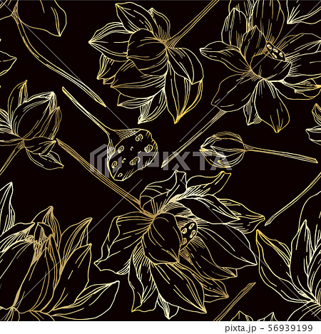 Vector Lotus floral botanical flowers. Black and white engraved ink art. Seamless background pattern Vector Lotus floral botanical flowers. Black and white engraved ink art. Seamless background pattern 56939199