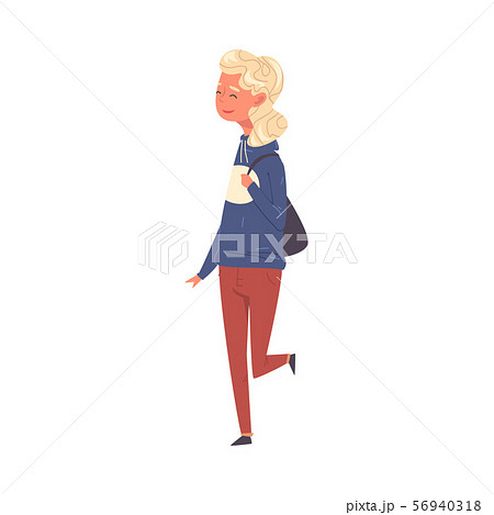 Blonde Girl Wearing Skinny Pants and Hoodie Walking with Backpack, Happy Student in Casual Clothes Blonde Girl Wearing Skinny Pants and Hoodie Walking with Backpack, Happy Student in Casual Clothes 56940318