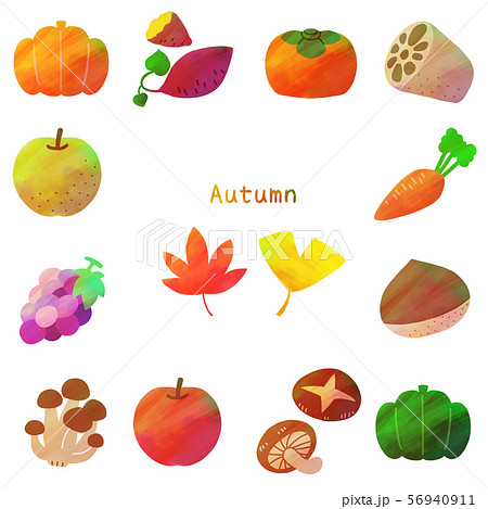 秋のモチーフ小物セット 野菜 フルーツ きのこ 紅葉 水彩風のイラスト素材