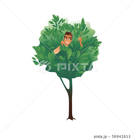 Cartoon man hiding in a tree, summer nature... - Stock Illustration  [56942613] - PIXTA
