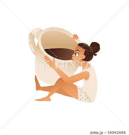 Cute girl drinks from giant coffee mug flat cartoon vector illustration isolated. 56942666