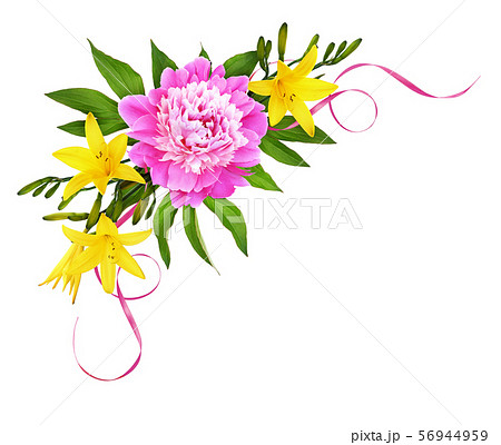 Pink peony flower with yellow lilies and silk Pink peony flower with yellow lilies and silk 56944959
