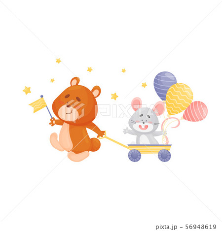 Cartoon bear pulling a wheelbarrow with a mouse. Vector illustration on a white background. 56948619