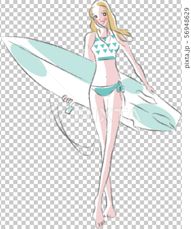 ビキニ姿でサーフボードを持ってたつ1人の女性 56948629