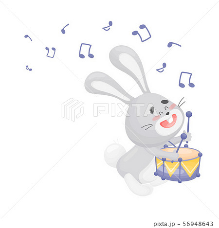 Cartoon hare with a drum. Vector illustration on a white background. 56948643