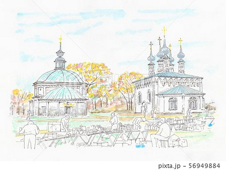 世界遺産の街並 ロシア スズダリのフリーマーケットのイラスト素材