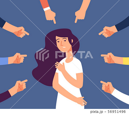 Victim women. Depressed girl in shame and hands with pointing finger. Guilty, ashamed female and 56951496