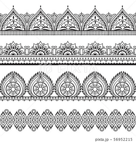 Mehndi seamless borders. Henna oriental patterns. Indian floral vector frames Mehndi seamless borders. Henna oriental patterns. Indian floral vector frames 56952215