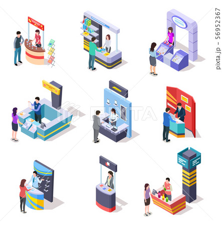 Isometric expo stands. Exhibition demonstration stand and trade stalls with people. 3d vector set Isometric expo stands. Exhibition demonstration stand and trade stalls with people. 3d vector set 56952367
