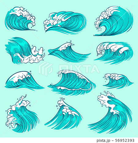 Vintage hand drawn sea blue waves with splashes. Ocean storm water vector set Vintage hand drawn sea blue waves with splashes. Ocean storm water vector set 56952393