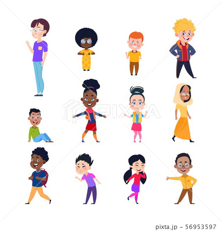 Happy kids. Cartoon european, asian and african children. Boys and girls in casual wear. Isolated 56953597