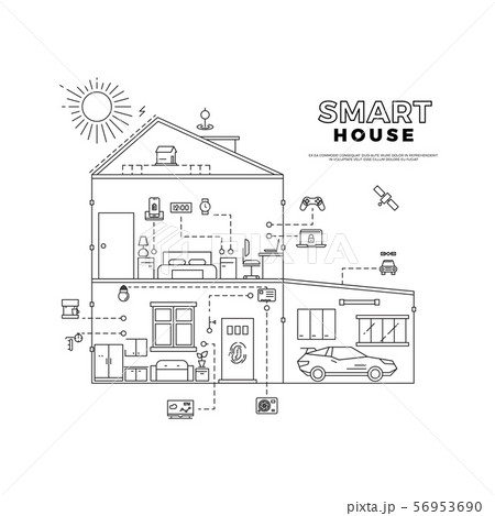 Black outline smart house technology system vector isolated on white background 56953690