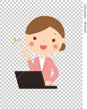 A woman in a suit in front of a computer Point! I've got it! Upper body bust up illustration A woman in a suit in front of a computer Point! I've got it! Upper body bust up illustration 56953823