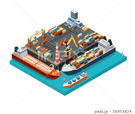 Isometric 3d seaport terminal with cargo ships, cranes and containers in harbor aerial view 56953824