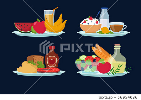 Daily diet meals, healthy food for breakfast, lunch, dinner cartoon vector icons 56954036