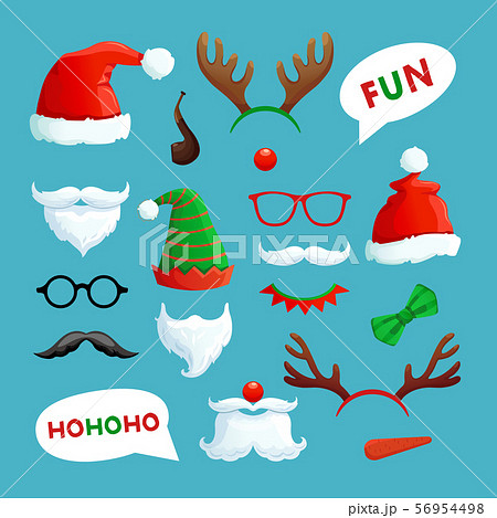 Christmas photo booth. Santa hats, mustache, beard and reindeer antlers xmas props vector collection 56954498