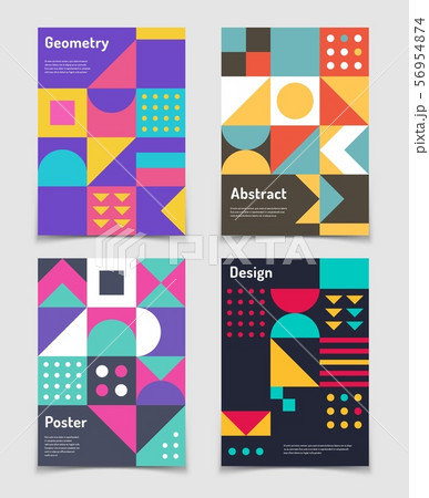 Retro swiss graphic posters with geometric bauhaus shapes. Vector abstract backgrounds in old 56954874