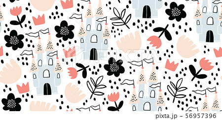 Childish seamless pattern with castle, flowers 56957396