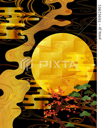 秋の名月と紅葉と金波雲の和柄背景のイラスト素材
