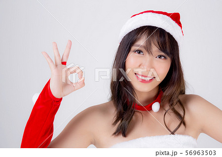 Beautiful portrait young asian woman Santa costume 56963503