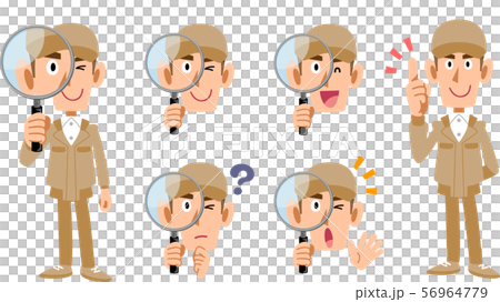 Set of full body and facial expressions of men in beige work clothes investigated with magnifying glass Set of full body and facial expressions of men in beige work clothes investigated with magnifying glass 56964779