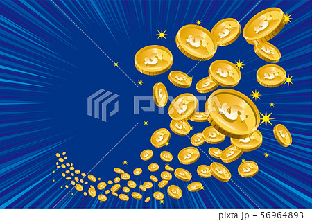 飛び散るコイン（お金・米ドル）のイラスト｜ギャンブル・ファイナンス・金融のイメージ｜放射線・集中線 56964893