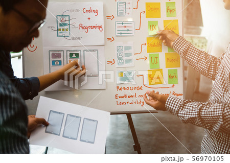 user experience UX designer designing web on smart phone layout. UI developer planning working on mobile application prototype user experience UX designer designing web on smart phone layout. UI developer planning working on mobile application prototype 56970105