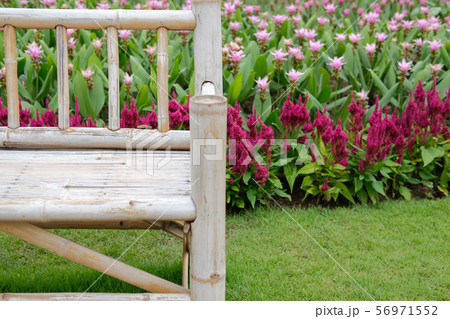 wooden bamboo bench in flower garden wooden bamboo bench in flower garden 56971552