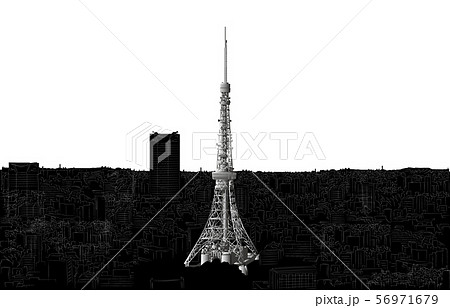 日本の名所東京タワー白黒白バック横のイラスト素材 日本の名所東京タワー白黒白バック横のイラスト素材