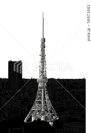 日本の名所東京タワー白黒白バック縦のイラスト素材