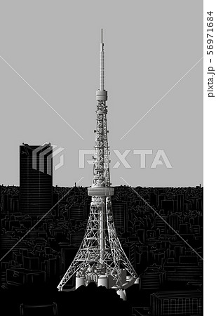 日本の名所東京タワー白黒縦のイラスト素材