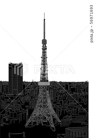 日本の名所東京タワー線反転白バック縦のイラスト素材