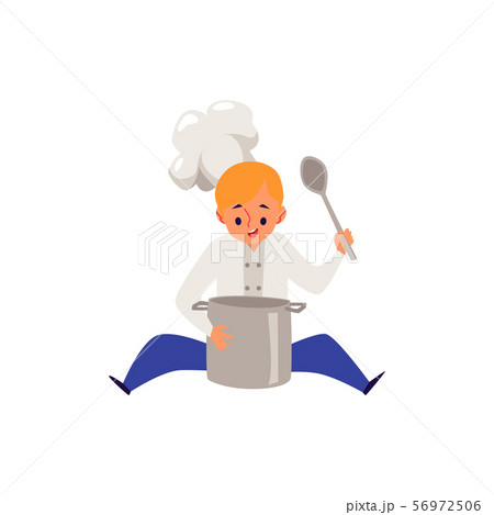 Boy cook in chef cat and uniform cooking food in a pot Boy cook in chef cat and uniform cooking food in a pot 56972506