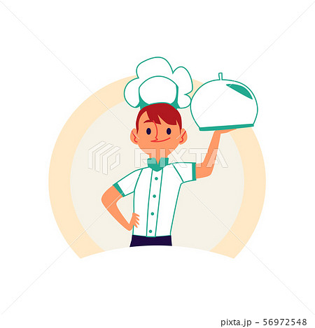 Chef Boy Holding A Food Tray With Metal Cover のイラスト素材