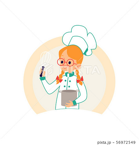 Girl cook in chef clothes holding a pot and a whisk. 56972549
