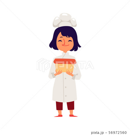 Child girl cooks in a chef robe and hat flat cartoon vector illustration isolated. 56972560