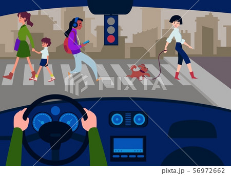 Car interior from the driver's seat with a cross road flat vector illustration. 56972662