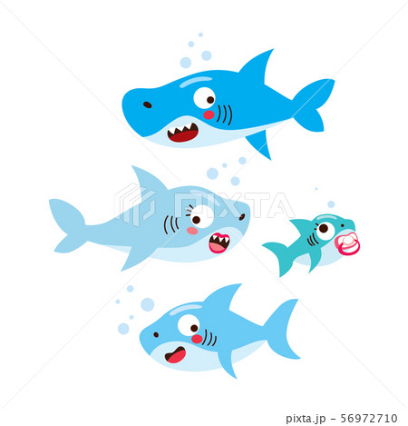 Cute happy four member family shark swimming on sea Cute happy four member family shark swimming on sea 56972710