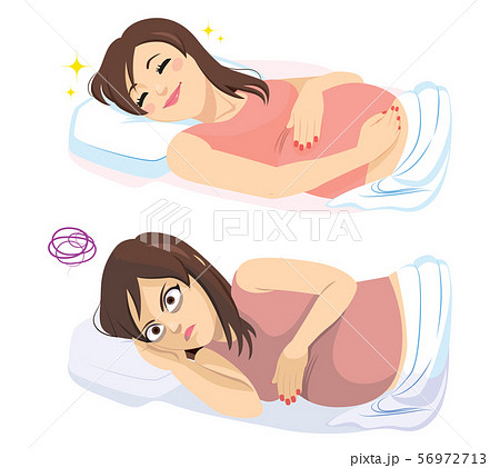 Funny two action situation of sleeping pregnant woman happy dreaming and sad with insomnia 56972713