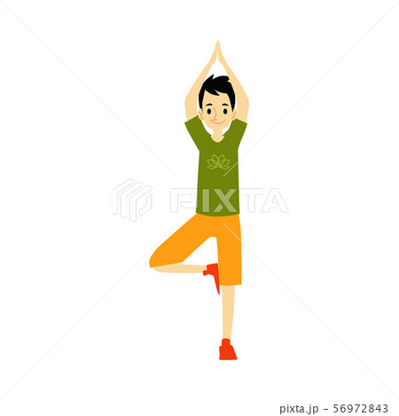 Young man standing in balance yoga pose cartoon flat vector illustration isolated. 56972843