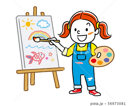 キャンバスに絵を描く女の子のイラスト素材