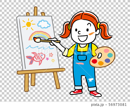 キャンバスに絵を描く女の子のイラスト素材