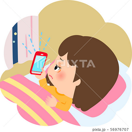 ベッドでスマートフォンを使う女の子 のイラスト素材